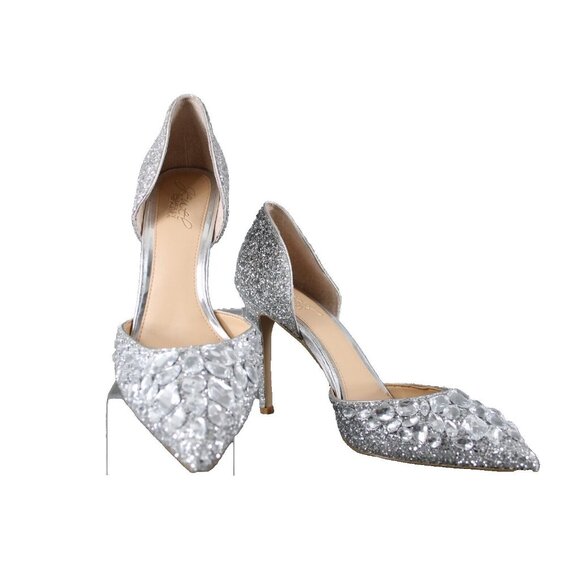 Badgley Mischka Jewel Sz 9 Silver Pave Rhinestone Glitter Man Made 4" Heel - Picture 1 of 16